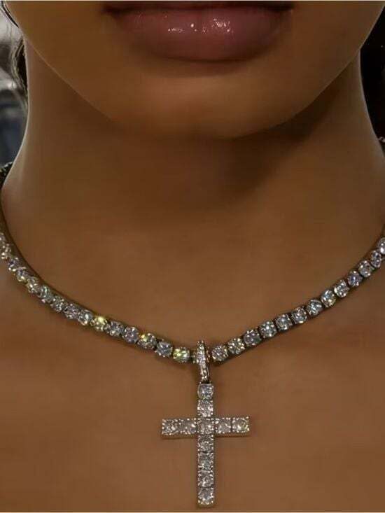 Big Jewelry Co Jewelry - Diamond Cross Tennis Necklace - White Gold Tone
